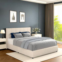 Latitude Run® Queen Size Ivory Velvet Upholstered Platform Bed Bed Frame