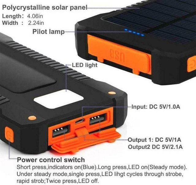 10000 MAH SOLAR-POWERED POWERBANK DUAL CHARGER WITH BUILT-IN FLASHLIGHT -- Ideal for Travel & Emergencies !! in Cell Phone Accessories - Image 2