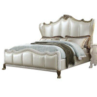 Benjara Crowned Leatherette Upholstered Eastern King Wooden Bed, Champagne Silver