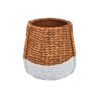 Benjara Reno 15 Inch Planter, Rope Woven Design, White And Brown Finished Resin
