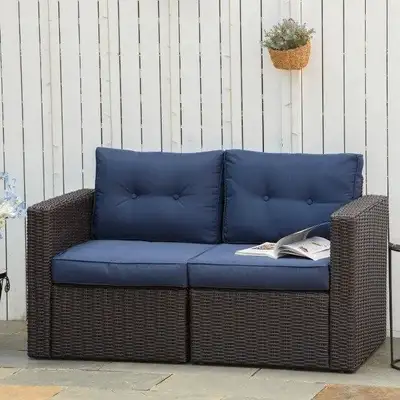 PE Rattan Wicker Modular Loveseat Sofa w Cushions, Outdoor Patio Deck, Dark Brown, Navy Blue