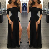 ONLY 49$, Women Sexy Dress Casual Tube Top Straight Neck Short Sleeve Dresses Summer 2023 Dress Long Slit Black Dress
