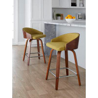LumiSource Shiraz 30" Mid-Century Modern Fixed Height Barstool With Swivel In Walnut Wood With Green Fabric With Square