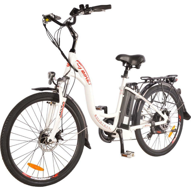 Sale! DJ City Bike 500W 48V 13Ah Power Electric Bicycle, Pearl White, LED Bike Light, Fork Suspension and Shimano Gear in eBike