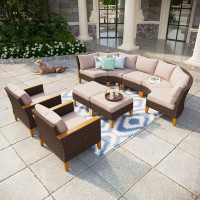 Lark Manor Argyri 9 Piece Wicker Outdoor Patio Furniture Set, Stylish Rattan Sectional Set with Beige Cushions