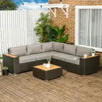6pc Premium L-Shape PE Rattan Wicker Sectional Conversation Sofa Set Outdoor Patio, Brown, Grey