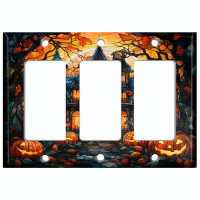 WorldAcc Metal Light Switch Plate Outlet Cover (Halloween Spooky Pumpkin Manor House - Triple Rocker)