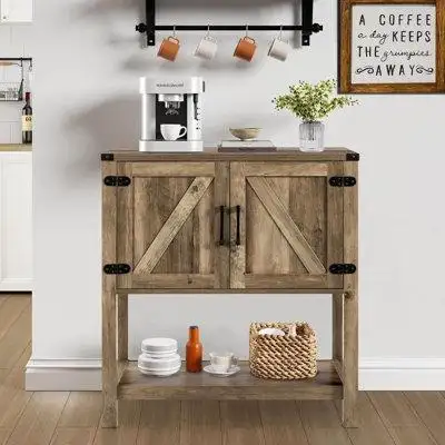 Console table with storage made of particle board. The building is very sturdy and quality. And the...