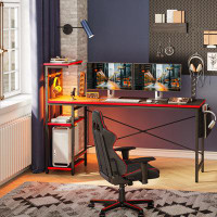 Trent Austin Design Amaliya 61.3'' Home Office Computer Desk, LED Gaming Desk with Adjustable Shelves and Storage Bag