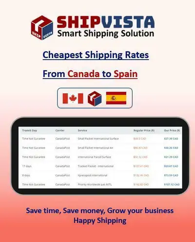 ShipVista provides the cheapest shipping rates from Canada to Spain. Whether you are an individual s...