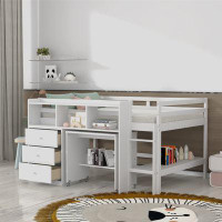 Harriet Bee Full Size Low Loft Bed With Rolling Portable Desk Drawers And Shelves