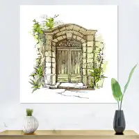 East Urban Home Old Town Door With Green Plants - Vintage Canvas Wall Art Print