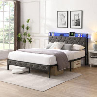 Wrought Studio Full Bed Frame with Storage Headboard, Charging Station and LED Lights