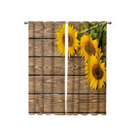 August Grove Draperies & Curtains Set, Custom Sunflowers On Rustic Old Barn Wood Print Window Curtain, 2 Panels Curtain