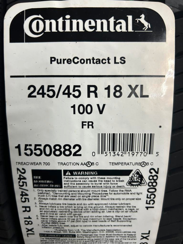 4 Brand New Continental PureContact LS  245/45R18 XL All Season tires $70 REBATE!!! *** WallToWallTires.com *** in Tires & Rims in Ottawa / Gatineau Area