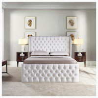 House of Hampton Upholstered Wingback Velvet Fabric Chesterfield Bed with Button Tufted Headboard