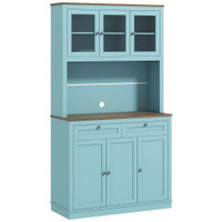 71 KITCHEN PANTRY CABINET WITH MICROWAVE SPACE, BUFFET WITH HUTCH, 2 DRAWERS, ADJUSTABLE SHELVES AND GLASS DOORS, BLUE