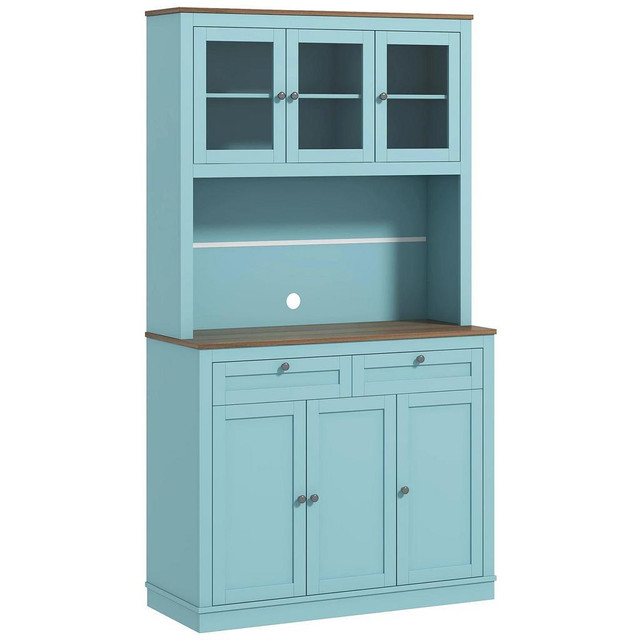 71 KITCHEN PANTRY CABINET WITH MICROWAVE SPACE, BUFFET WITH HUTCH, 2 DRAWERS, ADJUSTABLE SHELVES AND GLASS DOORS, BLUE in Dressers & Wardrobes