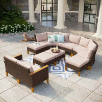 Lark Manor Argyri 11 Piece Wicker Outdoor Patio Furniture Set, Stylish Rattan Sectional Patio Set with Beige Cushions