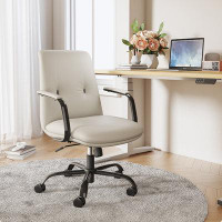 WONERD 34.45" Beige White Genuine Leather Solid back Office chair
