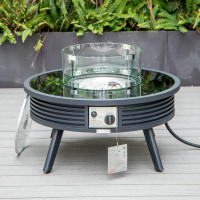 Latitude Run® Latitude Run® Walbrooke Modern Black Round Slats Design Patio Fire Pit Table With Wind Guard — Outdoor Tab