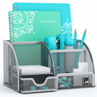 Rebrilliant Office Desk Organizer With 6 Compartments + Drawer + Pen & Pencil Holder | The Mesh Collection, Silver