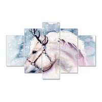 Design Art A White Horse With A Snowwhite Mane With Bells - Traditional Canvas Wall Art Print - 60X32 - 5 Panels
