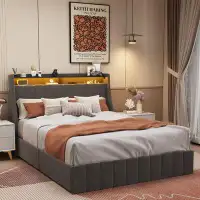 Brayden Studio Queen Size Linen Upholstered Platform Bed With Wingback Headboard And LED Lights
