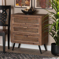 Gracie Oaks McMenamins Mid-Century Modern Whitewashed Natural Brown Finished Wood And Rattan 3-Drawer Storage Cabinet