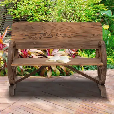 Farmhouse Wagon Wheel Outdoor 2-Seater Wooden Bench Loveseat Garden Patio Deck Porch - Brown
