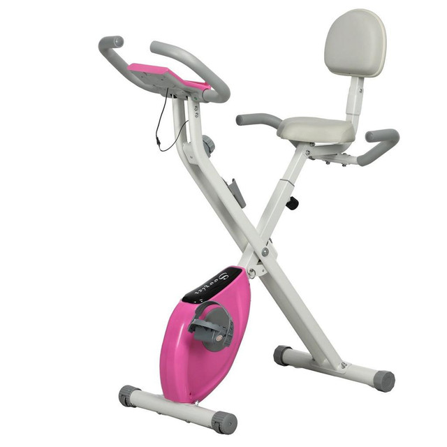 FOLDABLE MAGNETIC EXERCISE BIKE INDOOR STATIONARY UPRIGHT FITNESS BIKE PINK in Exercise Equipment