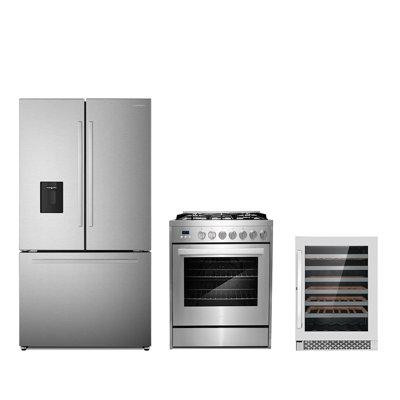 Cosmo Cosmo 3 Piece Kitchen Appliance Package with French Door Refrigerator , 30'' Gas Freestanding Range , and Wine Ref in Refrigerators