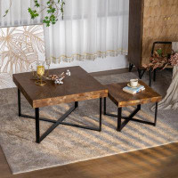 Wenty 31.3"Modern Retro Splicing Square Coffee Table , Fir Wood Table Top With Cross Legs Metal Base (Set Of 2 Pcs )