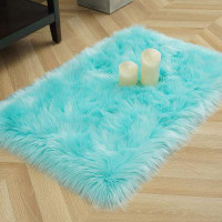 Everly Quinn Faux Fur Rug, Faux Sheepskin Shag Rug, Home Style Sheepskin Rug, Area Rug For Bedroom Living Room Light blu