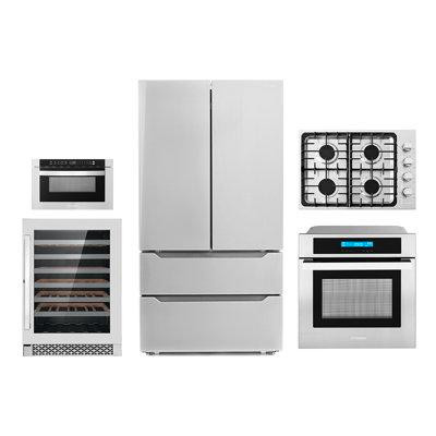 Cosmo 5 Piece Kitchen Package With 30" Gas Cooktop 24" 48 Bottle Single Zone Freestanding Wine Refrigerator 24" Single E in Refrigerators