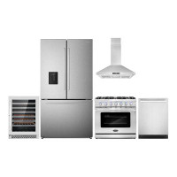 Cosmo 5 Piece Kitchen Package With 36" Freestanding Gas Range 36" Island Range Hood 24" Built-in Fully Integrated Dishwa