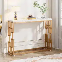 Mercer41 Mercer41 42.5" Gold Console Table, Modern White Faux Marble Sofa Tables Entryway Hallway Foyer Table For Living