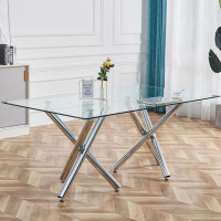 Orren Ellis Large Modern Minimalist Rectangular Glass Dining Table For 6-8 With 0.39" Tempered Glass Tabletop And Silver