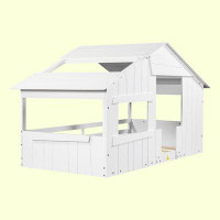 LQ Furniture Wood Full Size House Bed With Roof, Window And Guardrail, White