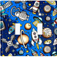 WorldAcc Metal Light Switch Plate Outlet Cover (Rocket Ship Space Planet Astronaut Blue  - Double Toggle)