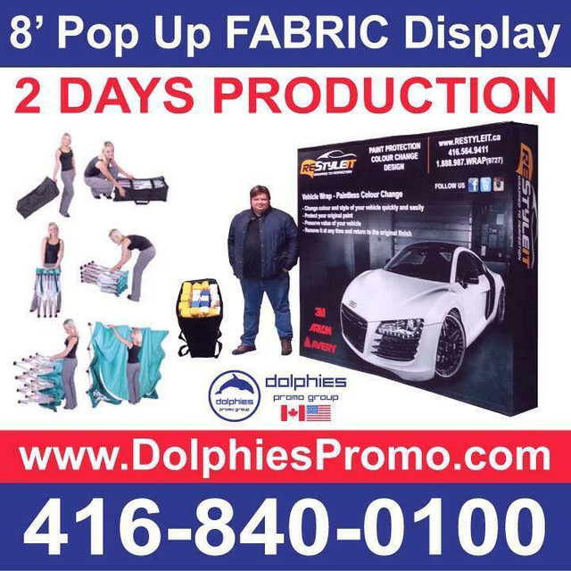 Trade Show 8ft Pop Up Tension Fabric Display Booth + CUSTOM Dye-Sublimation Graphics by www.DolphiesPromo.com in Other Business & Industrial