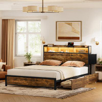 17 Stories Antioch Bed Frame with 2 Bedside Drawers & 2 Underbed Drawers, Modern Bed with Outlet & LED Light