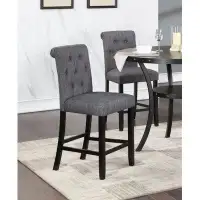 Wenty Charcoal Fabric Set Of 2Pc Counter Height Dining Chairs Contemporary Plush Cushion High Chairs Nailheads Trim Tuft
