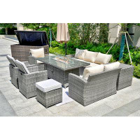 Moda Furnishings Weirdo Gas Fire Pit Dining Table With Corner Sofa Set,  2 Back Folding Chairs 2 Ottomans, 2 Cushion Sto