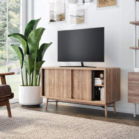 Rubbermaid Liam Modern Mid-Century TV Stand, Media Console Or Entertainment Cabinet With Sliding Doors, Oak