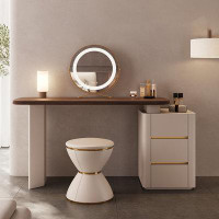 Everly Quinn 39.37"White and brown dressing table with cabinet and stool