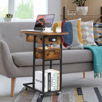 17 Stories C-Shaped Coffee Table With Charging Station Sofa Side Table With Drawer Flap