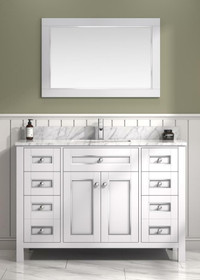 36, 48, 60 & 72 White with Chrome Accents Bathroom Vanity w Carrara White Marble ( Dovetail Drawer )