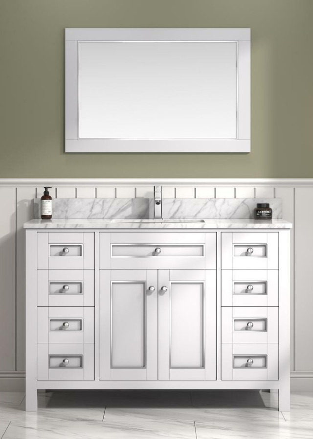 36, 48, 60 & 72 White with Chrome Accents Bathroom Vanity w Carrara White Marble ( Dovetail Drawer ) in Cabinets & Countertops