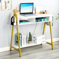 HomCom Small White Desk With Drawer And Shelf, Wood Computer Desk For Laptop PC, Gaming Desk With Hooks Vanity Makeup De